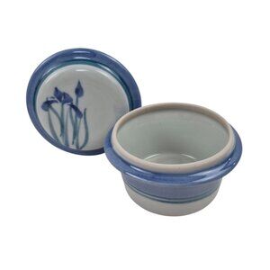 Lidded Trinket Box Studio Pottery Blue Iris Signed Ceramic 5.5 in Diameter